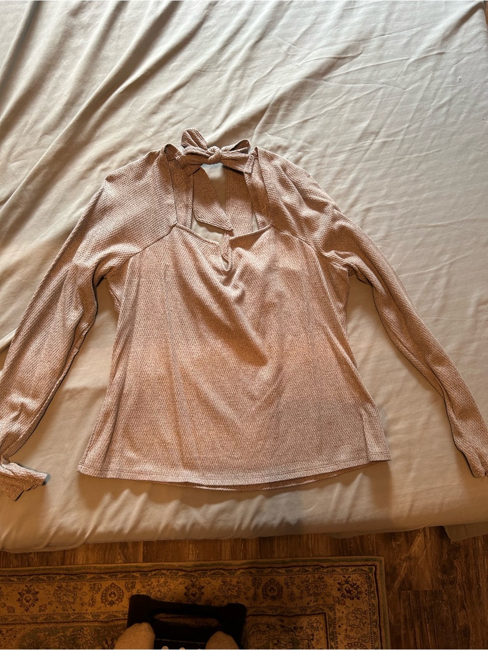 Pilcro Dusty Rose Tie-Neck Waffle Long Sleeve Top